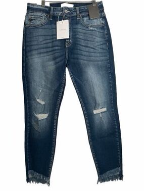 KanCan Dark Blue Distressed Skinny Jeans with Frayed Hem